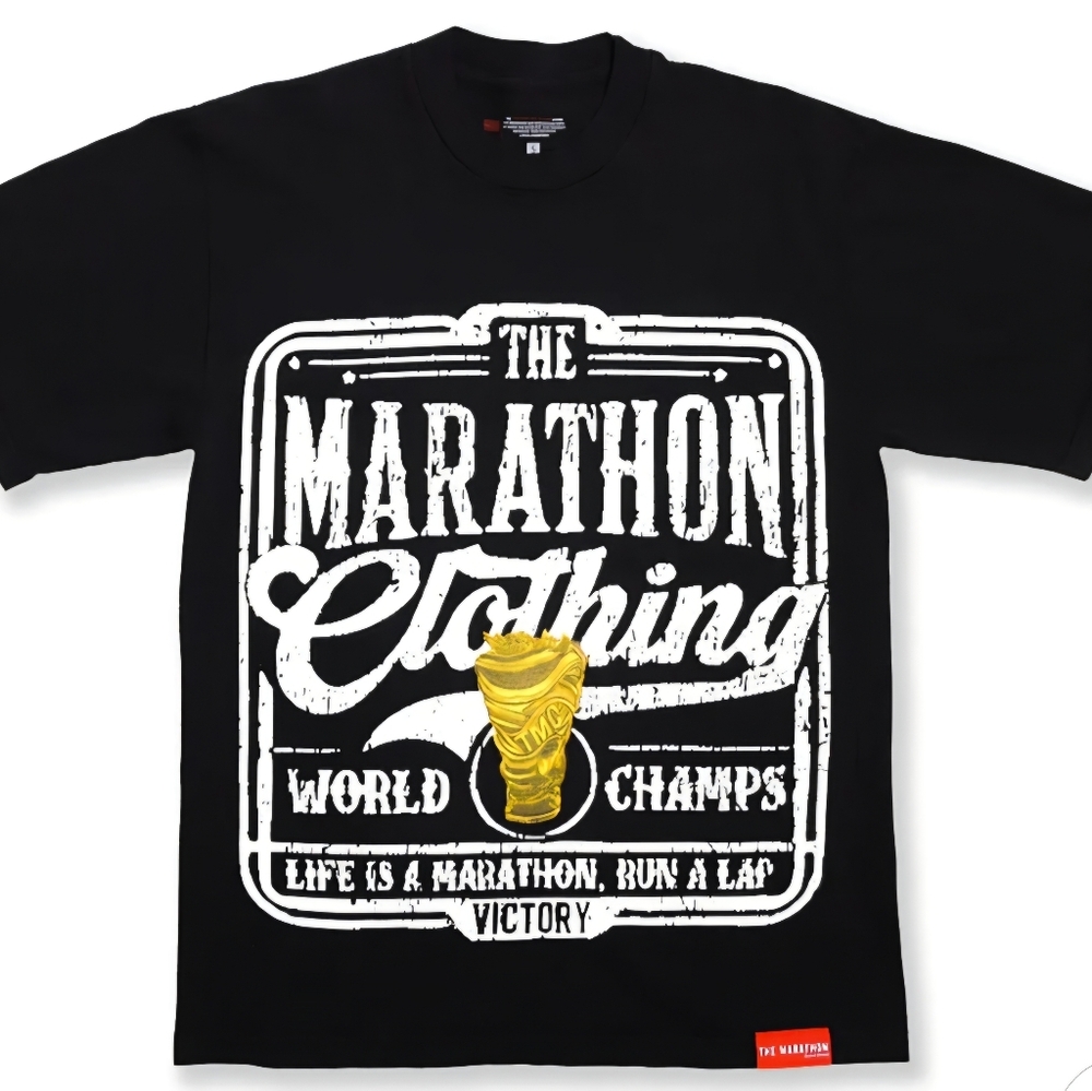 The Marathon Clothing Black Tee with White and Gold Design SIZE LARGE
